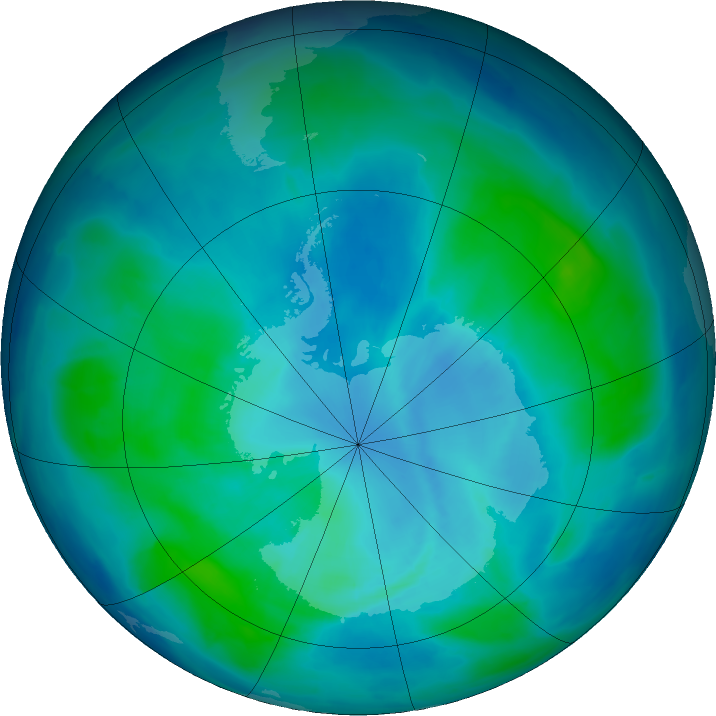 Antarctic ozone map for 28 February 2016
